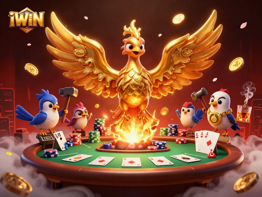 Experience the vibrant IWIN casino scene with a golden phoenix amidst poker elements