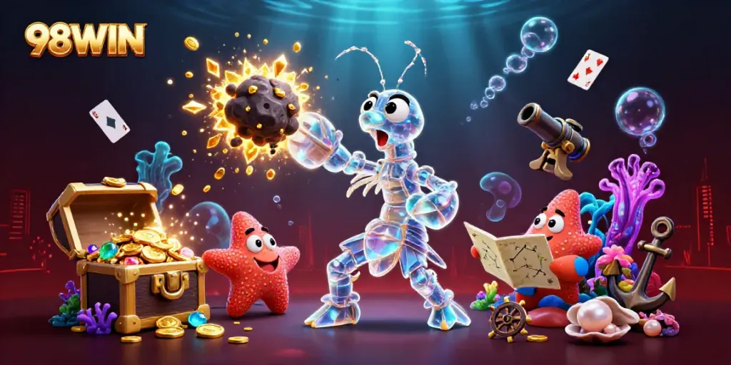 Engage with 98WIN's dynamic gambling adventure featuring energetic characters and vibrant underwater treasures.