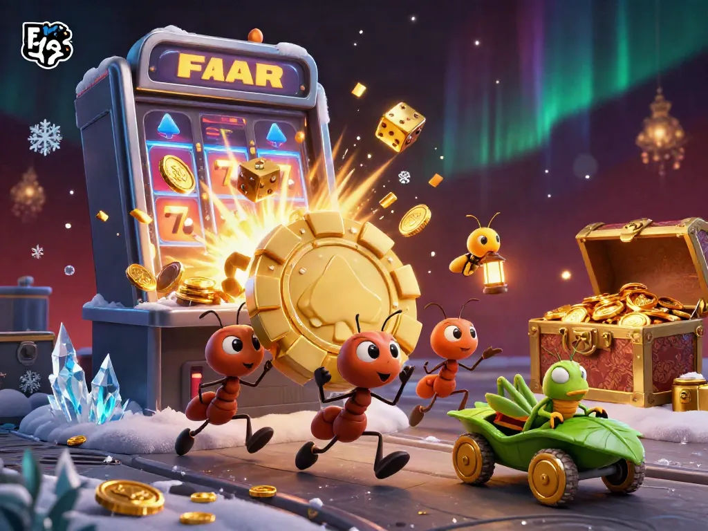 Ants on a heist carrying a giant poker chip, surrounded by casino elements in F168-themed design.