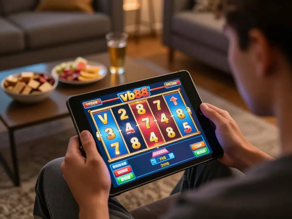 Playing the vibrant vb88 slot game on a tablet in a cozy home setting, combining excitement with responsible gaming.