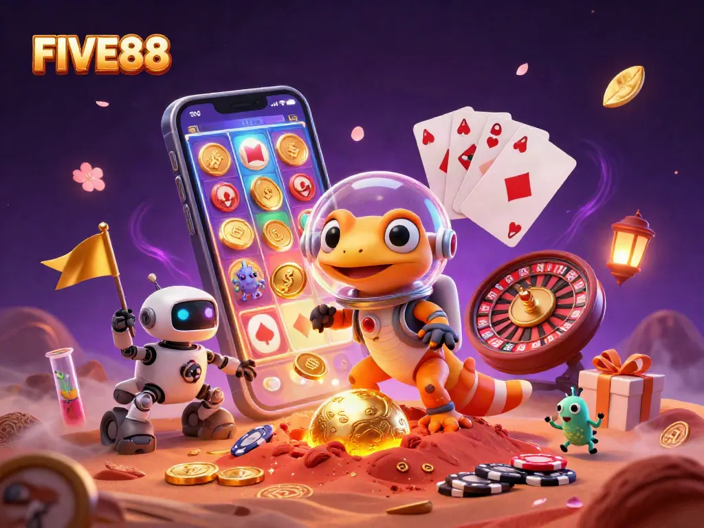 Experience excitement at FIVE88 with a cartoon Martian gecko uncovering a golden casino in a vibrant cosmic scene.