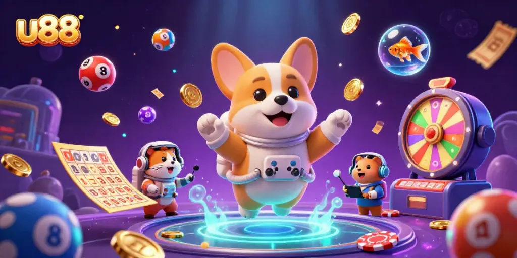 Experience fun at the u88 online casino where the lucky corgi floats in a vibrant gaming space.