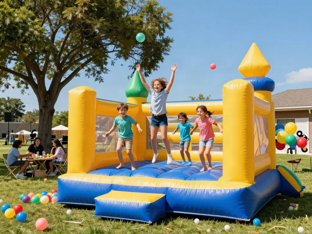 Children joyfully jumping in a colorful bounce house during a sunny outdoor party.