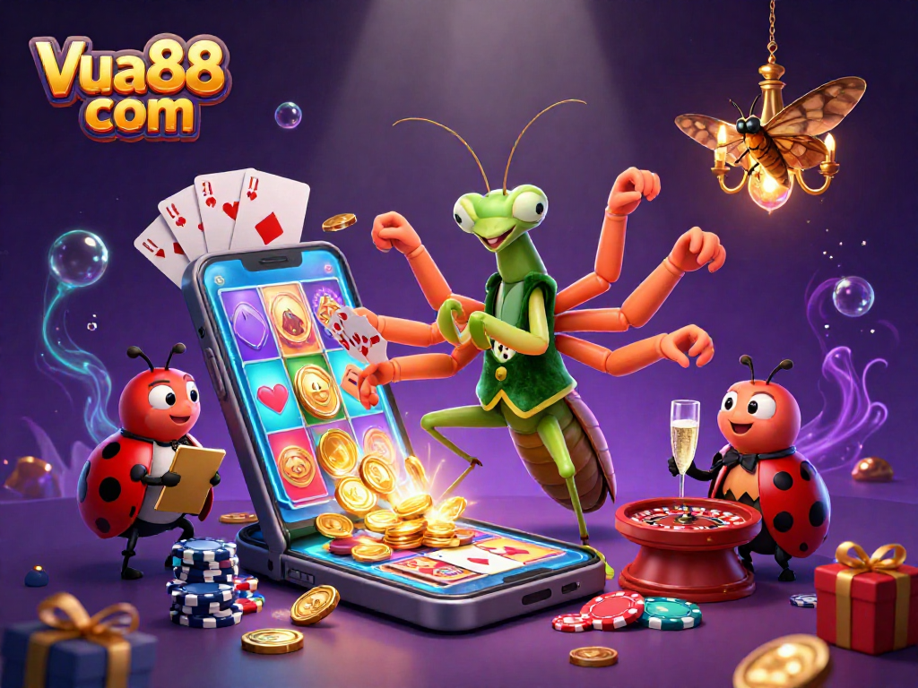 Win big at Vua88 com with exciting slot games showcased in a vibrant casino scene.