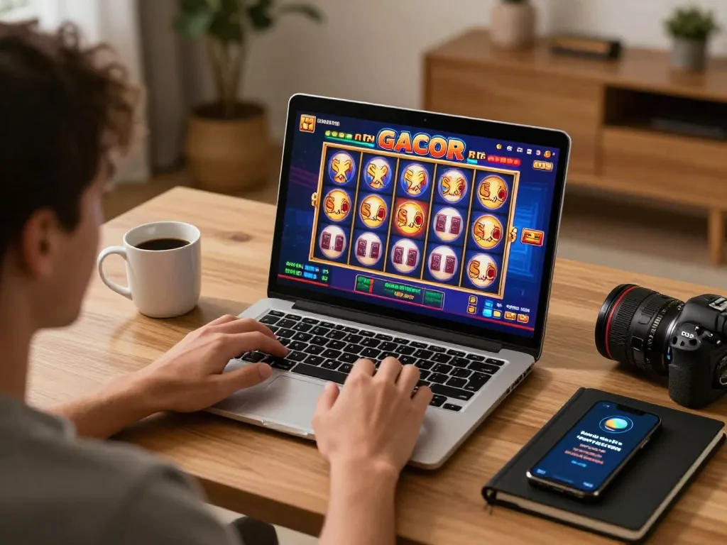 Engaged player using laptop for online slot gacor gaming, showcasing vibrant interface and cozy atmosphere