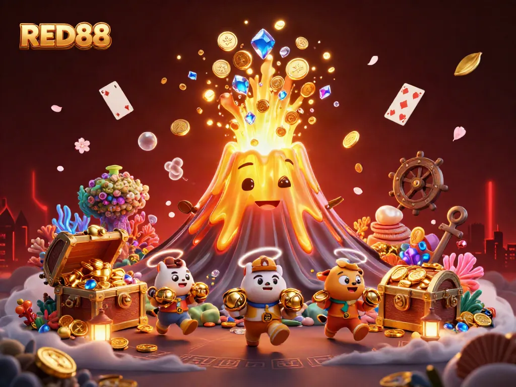 Experience the thrill of winning at RED88 with a vibrant 3D casino illustration filled with treasure.