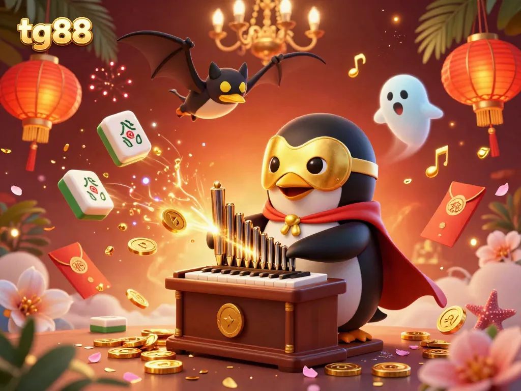 Experience the excitement at tg 88 with a 3D illustration of the phantom opera penguin and dynamic casino elements