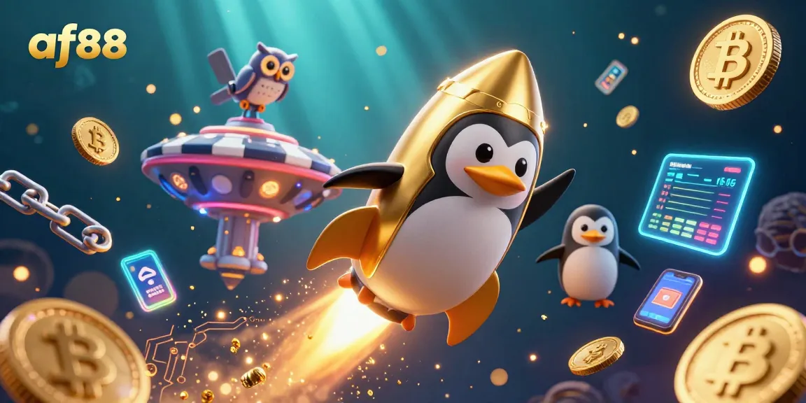 Players thrill at af88 as a golden penguin rockets to a colorful casino in space.