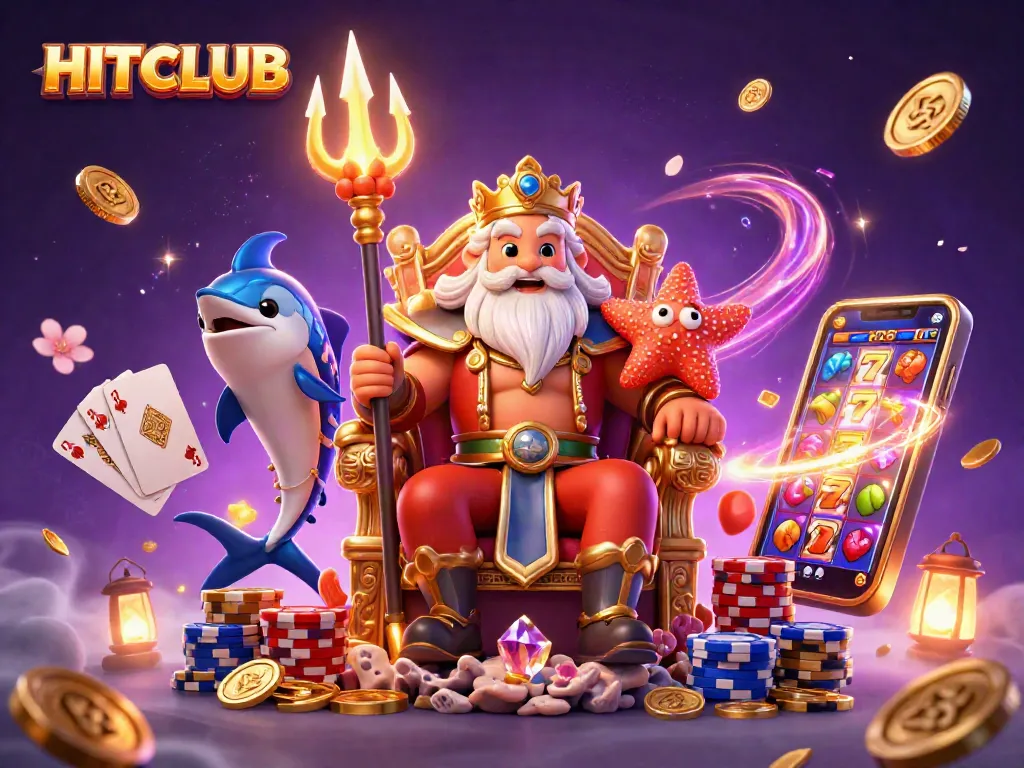 Spin the reels at HITCLUB while Neptune oversees a vibrant casino scene filled with excitement.