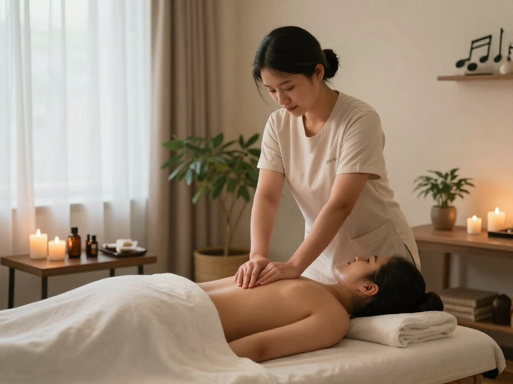 광진구출장안마 - A massage therapy scene depicting a calming environment with a therapist working on a client, showcasing relaxation and wellness.