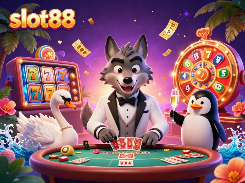 Play vibrant slot88 games with dynamic characters in a luxurious casino environment.