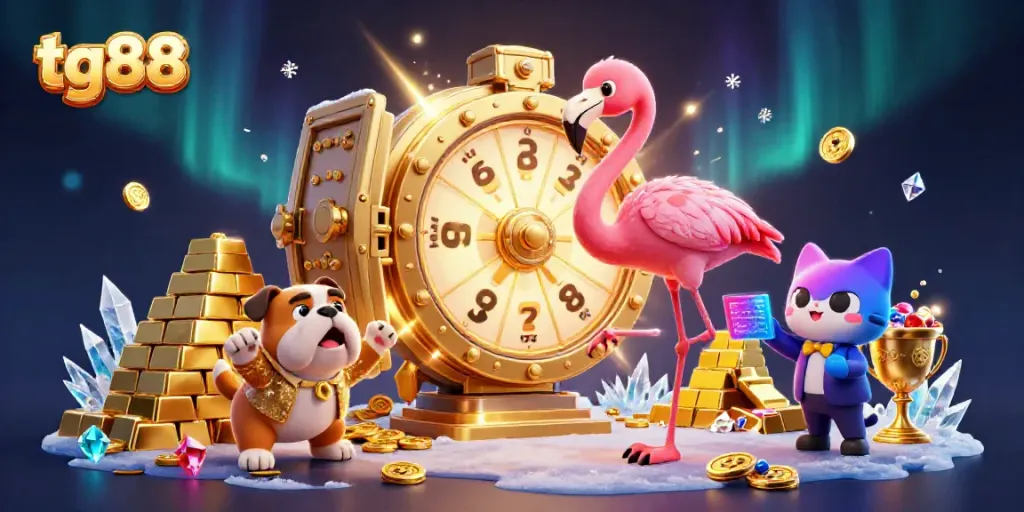 Spin the giant prize wheel at tg88 casino, featuring a dazzling 3D scene of dogs, flamingos, and prizes.