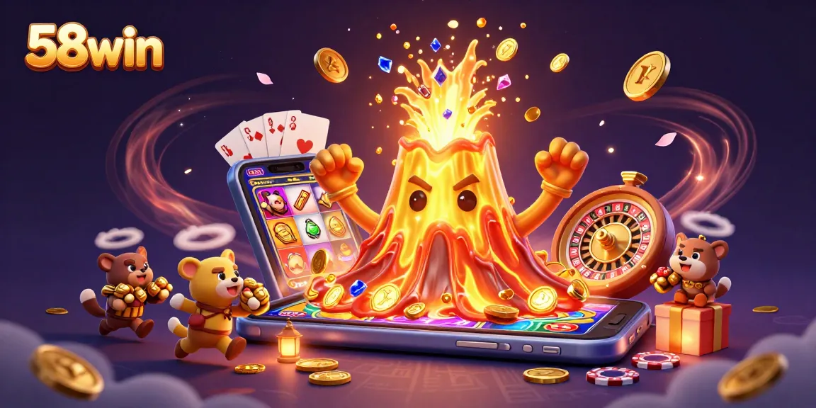 Experience thrilling gaming action at 58win with a vibrant illustration of a volcano erupting treasures.