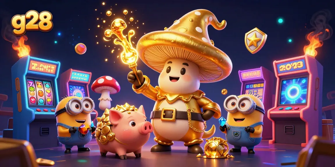 Experience exciting gameplay with g28 as golden treasures, characters, and slot machines sparkle in this animated casino scene.