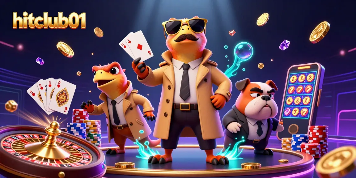 Experience the excitement at hitclub01 with cartoon raptors entering a VIP casino lounge, lively and full of treasures!