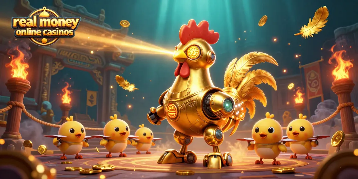 Experience real money online casinos in action with a vibrant 3D illustration of retro-futuristic characters and gaming elements.