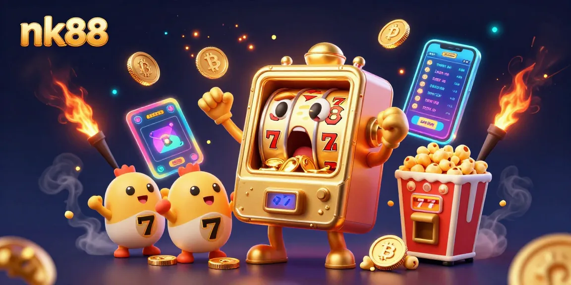 Win big at nk88 with a golden slot machine celebrating its jackpot amidst vibrant casino elements.