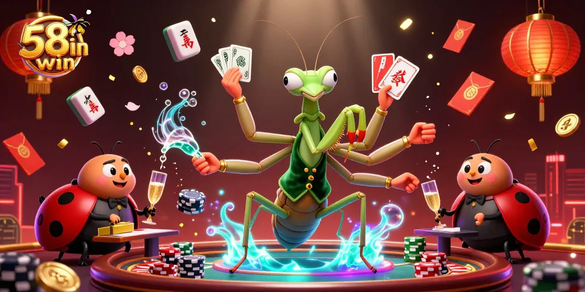 Engage in the exciting atmosphere of 58win with a vibrant casino illustration featuring lively characters and rich game elements.