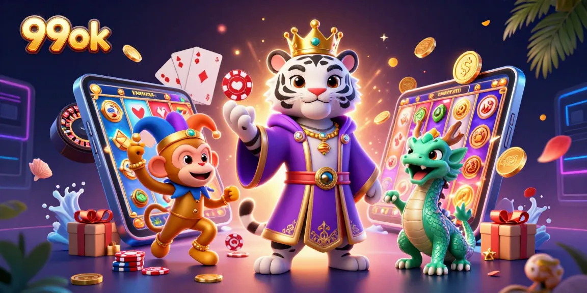 Engage in thrilling games at 99ok with a vibrant 3D casino scene featuring a whimsical white tiger and golden monkey.