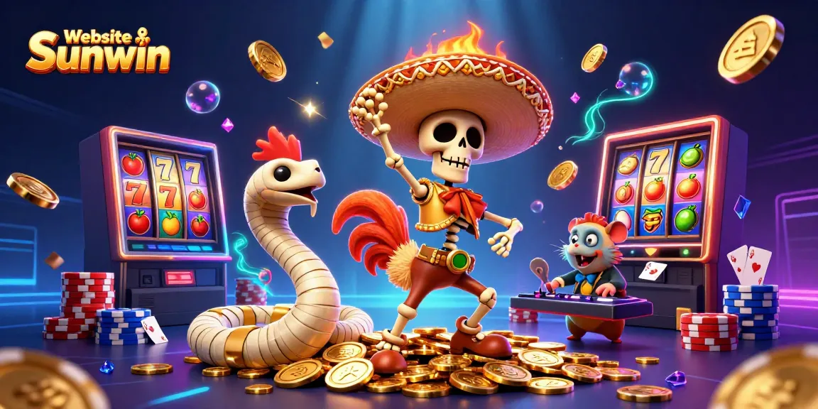 Experience the excitement of Website Sunwin with vibrant 3D characters dancing on a pile of coins.