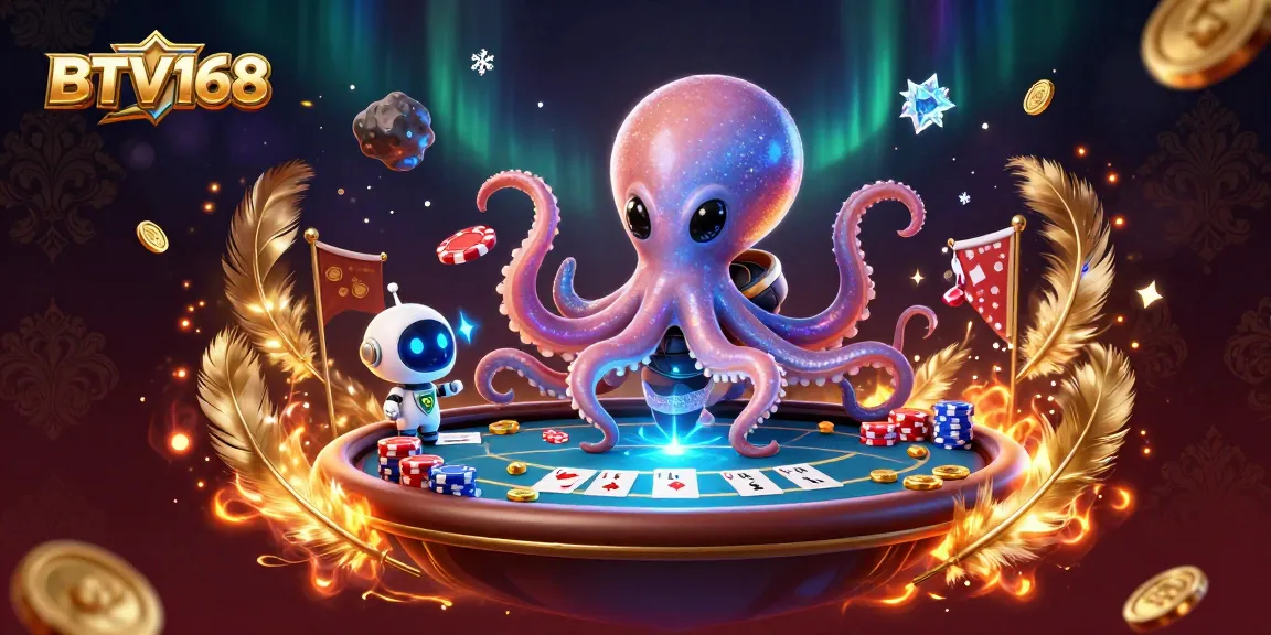 BTV168 invites players to experience a thrilling poker game with an alien octopus and robot in a vibrant casino setting.