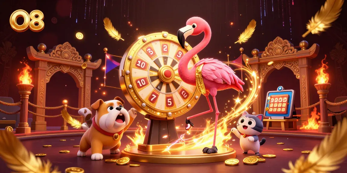 Spin the O8 prize wheel with the entertaining flamingo host and excited bulldog contestant in a vibrant casino scene.