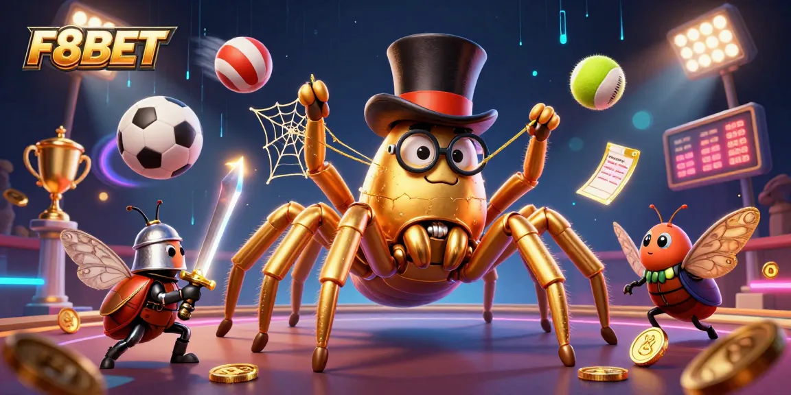 Experience the thrilling world of F8BET as a golden tarantula weaves a web among casino pillars.