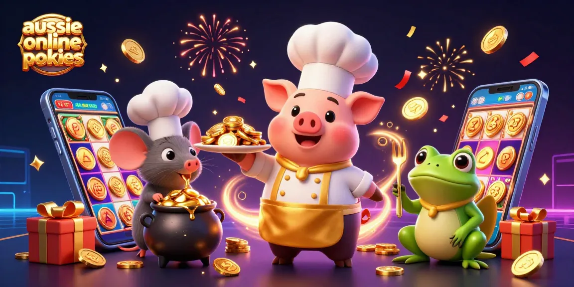 Aussie online pokies illustration showcasing a pig chef serving gold coins amidst vibrant slot elements.